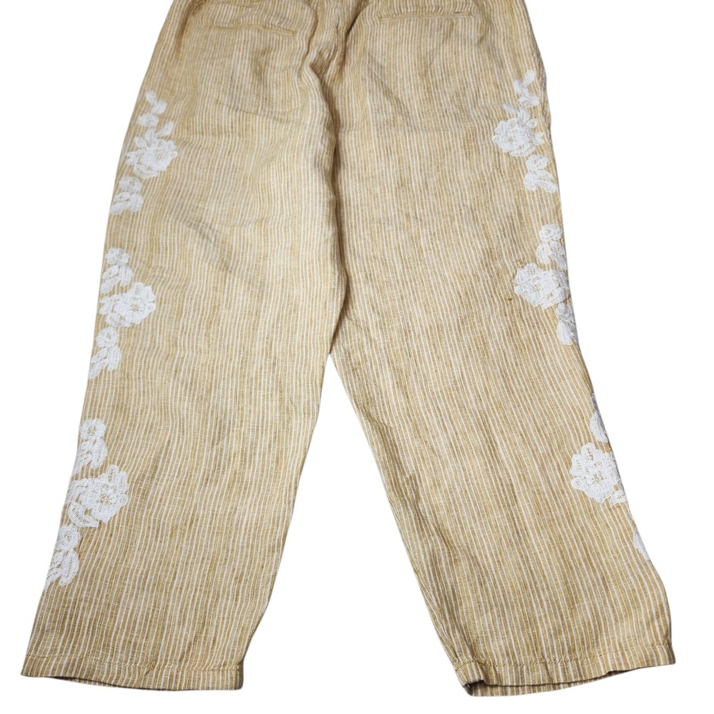 Anthropologie Size Large 100% Linen Yellow Stripe White Embroidered Pants Crop - Picture 11 of 13